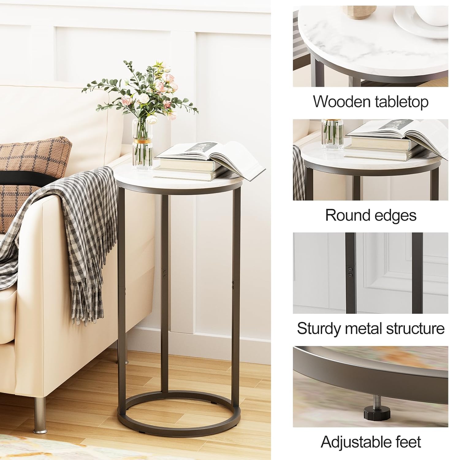 C Shaped End Table, Round Side Table, SofaTable, CoffeeTable Under Sofa, Small Couch Snack Tables - Image 4