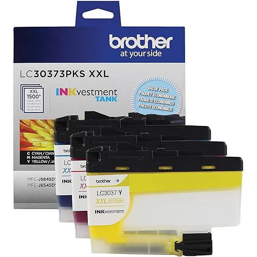 Brother Genuine LC30373PKS, 3-Pack Super High-Yield Color INKvestment Tank Ink Cartridges, Includes 1 Cartridge Each of Cyan, Magenta and Yellow Ink, Page Yield Up to 1,500 Pages/Cartridge, LC3037