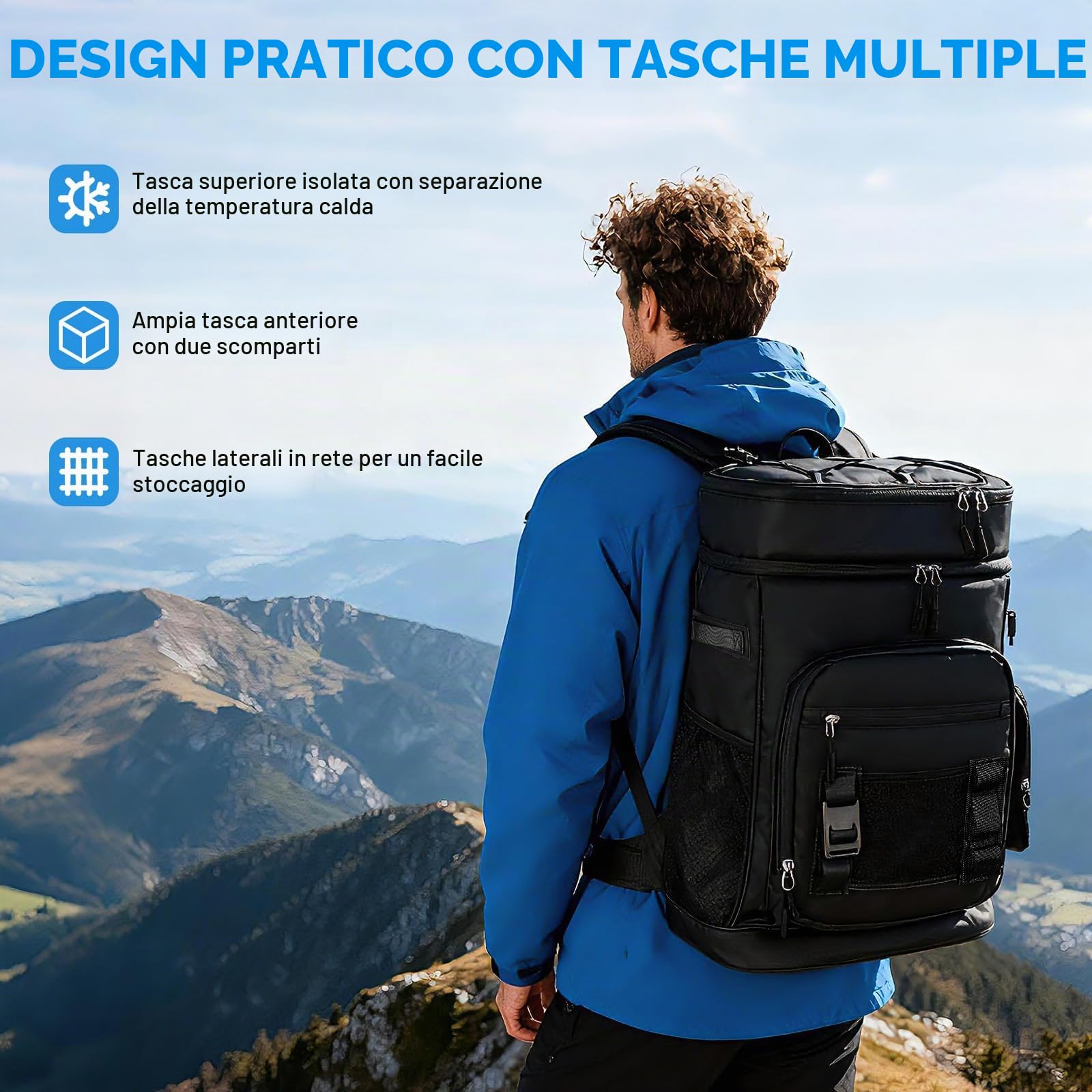 Grande zaino termico impermeabile, capacità 48 lattine, zaino da campeggio isolato con cinghie portatili, borsa termica a prova di perdite, per spiaggia, picnic, escursionismo, 30 l, nero