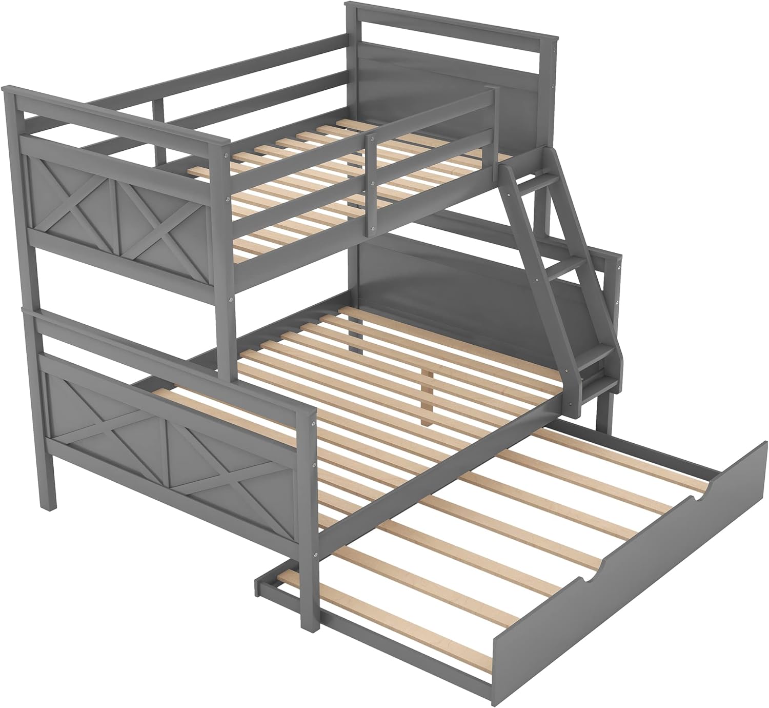 P PURLOVE Twin Over Full Bunk Bed with Trundle,Convertible Wood Trundle Bunk Bed with Twin Size Trundle,Detachable Bed Frame with Ladder for Kids,Girls
