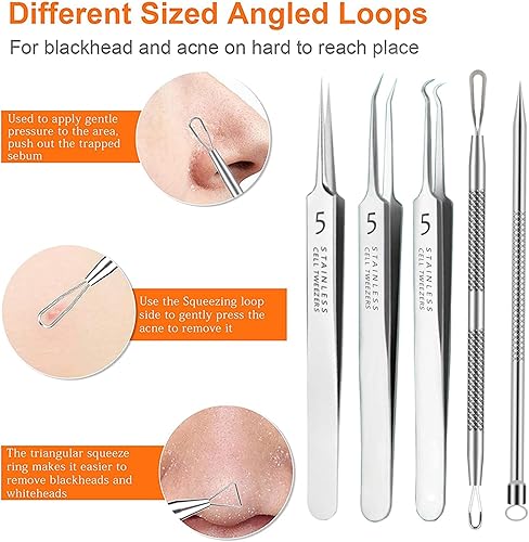 Miniatura 6 de Juego de 5 pinzas para eliminar puntos negros, kit de herramientas de precisión para el acné, pinzas de espinillas de comedón, extractor de puntos