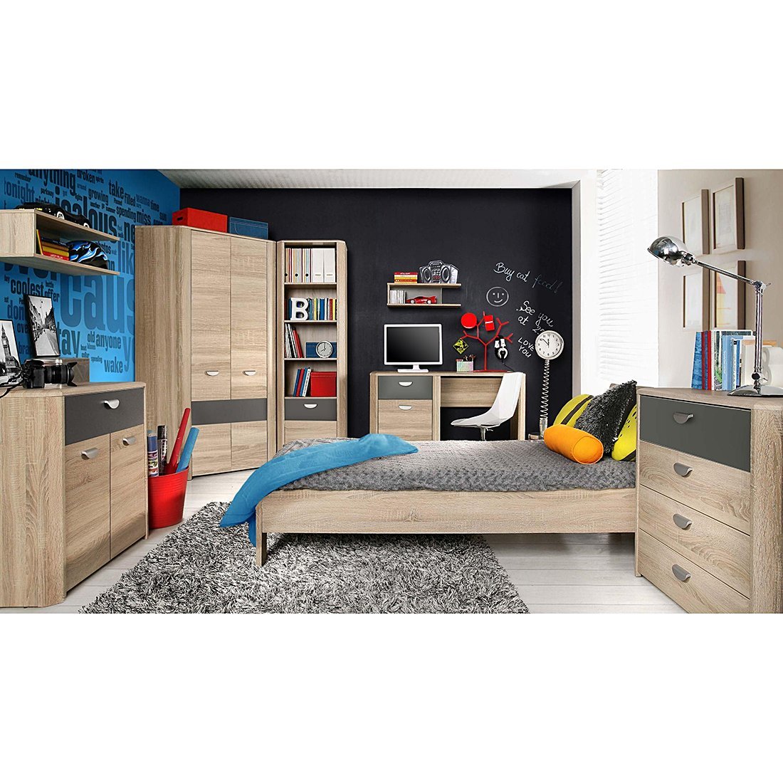 Armadio due ante Rovere chiaro e Grigio smoke, Made in Italy