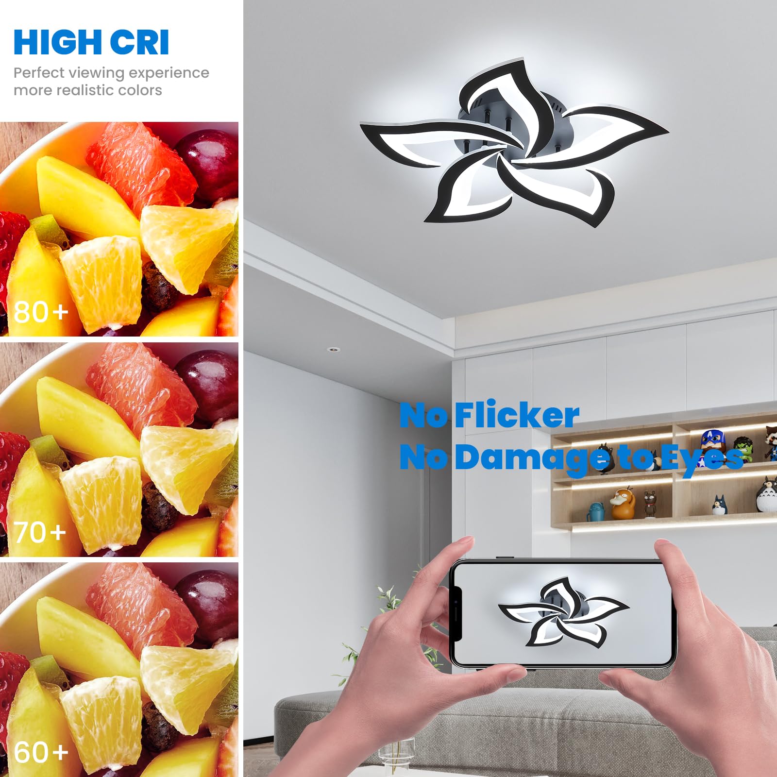Comely Lampa sufitowa, Plafon LED 60 W 6750 LM, zimna biel 6500K, czarna nowoczesna lampa sufitowa do sypialni, salonu, jadalni (średnica 60 cm)