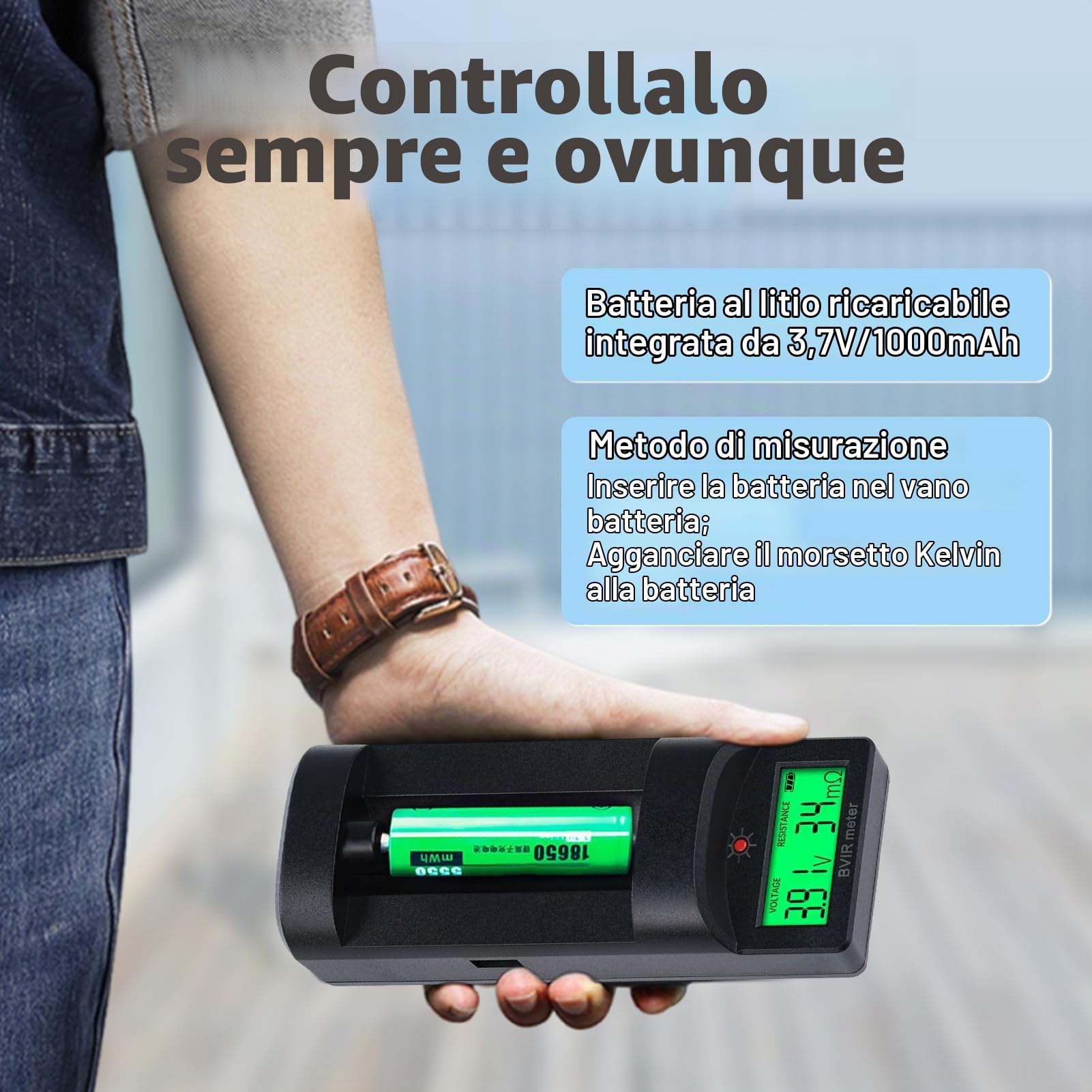 DEWIN Tester di resistenza interna della batteria,Tester di tensione e resistenza interna per batterie al litio Tester Batteria Applicabile a batterie al litio, al piombo, al carbone,ecc.