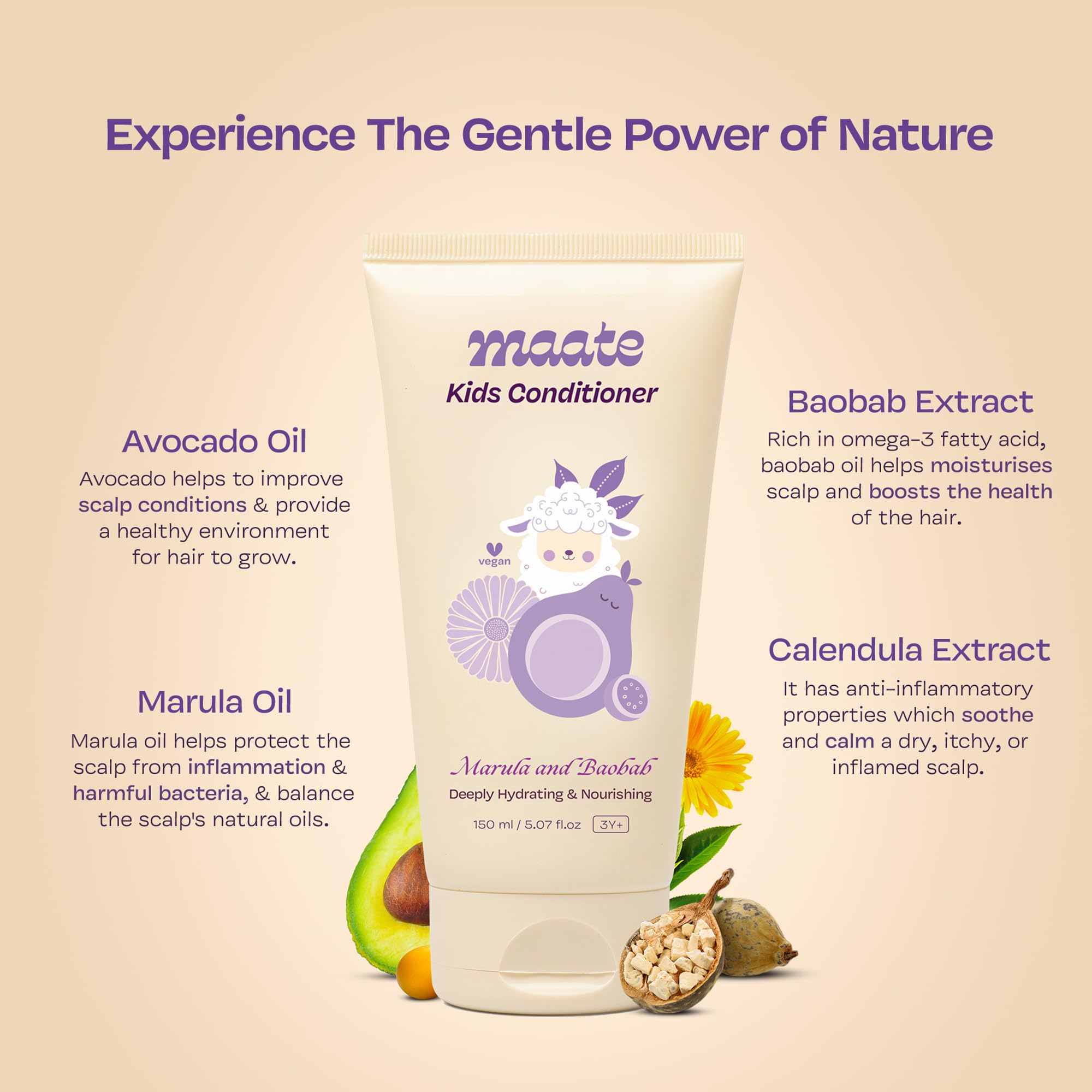 Maate Marula & Baobab Kids Conditioner 150 ml | For Curly & Frizzy Hair | Naturally Nourishes and Hydrates Hair | Enriched With Coconut & Olive Oil | Vegan | Tangle-Free | For Kid 3 Years and Older 3