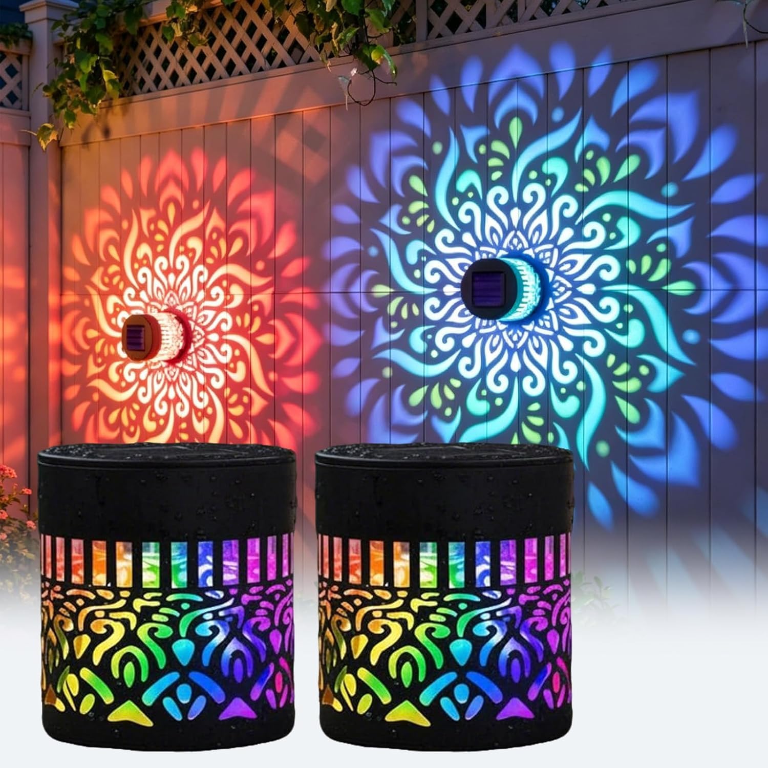 CTPBIKH Solar Mandala Lights Outdoor, Solar Powered Wall Mounted Projector Light, Waterproof | Metal Hollow | Night Light - for Fence Garden Patio Backyard Yard Decor (Mandala 2Pcs)