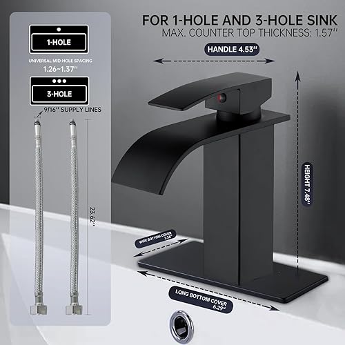 Miniatura 2 de Grifos de baño para fregadero de 3 agujeros, grifo de baño de cascada negro mate, grifo de lavabo de baño a prueba de flecos con desbordamiento,
