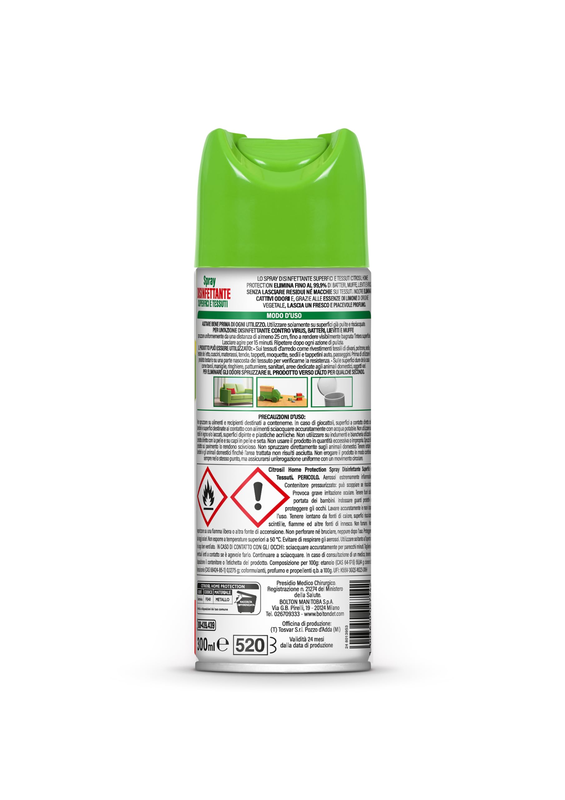 Citrosil Disinfettante Spray, Superfici e Tessuti, Elimina Fino al 99,9% di Virus e Batteri, Essenze di Limone, 300 ml