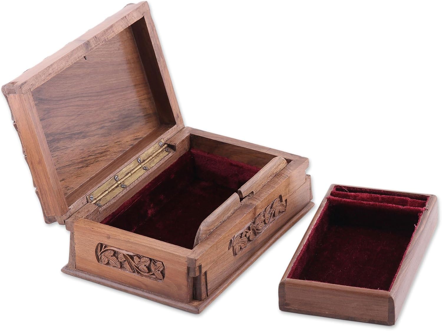 NOVICA Artisan Handcrafted Wood Jewelry Box Walnut from India Brown Boxes Leaf Tree [3in H x 8.25in W x 5.5in D] ' Chinar Dome'