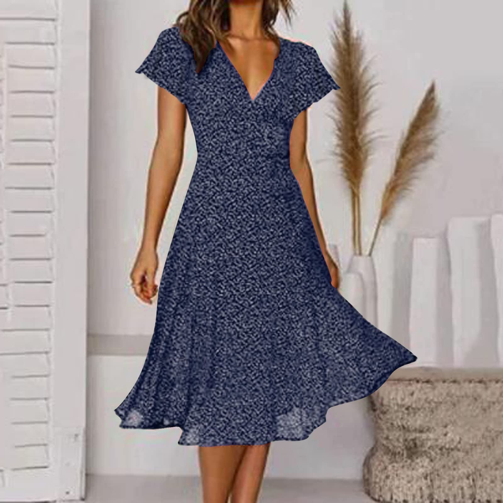 Generico Elegantes Damenkleid Curvy Midi – Damenkleid mit Punkten für den Sommer, V-Ausschnitt, kurzärmlig, leicht, atmungsaktiv, Kleid aus weichem Tüll, Freizeitkleider für Strandurlaub