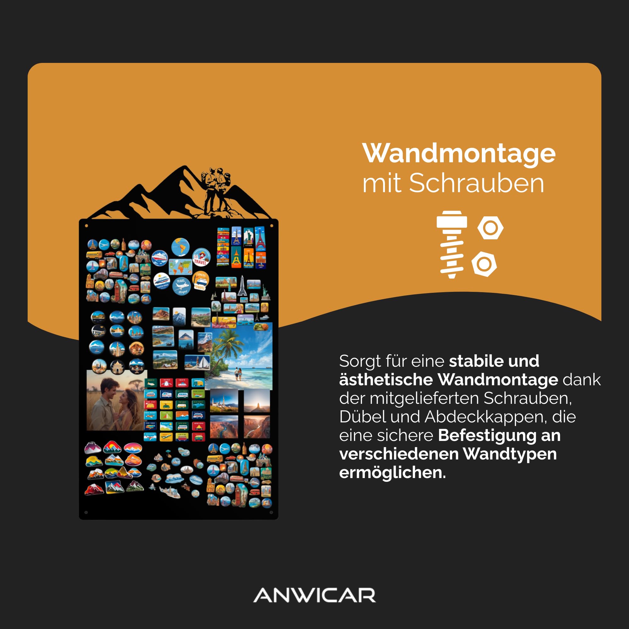 Magnettafel für Erinnerungen Schwarz 87x49 cm | Magnetisches Stahlboard für Magnete, Fotos und Notizen, Beschreibbar, Montageset inklusive