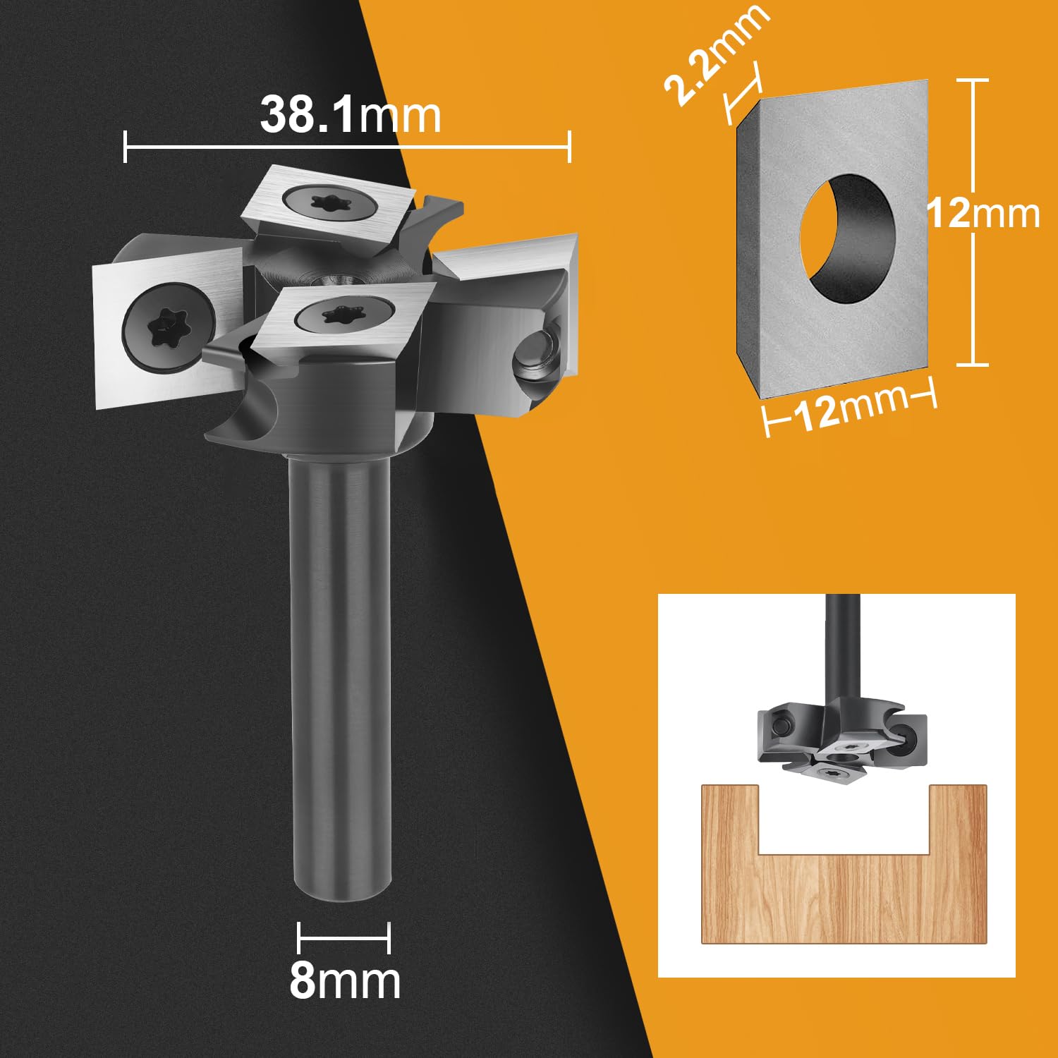SpeTool Fraise à Surfacer 8mm Diamètre de Tige 38,1 mm Diamètre de Coupe Coupeur de Bois Fraise CNC Fraise de Defonceuse a Bois avec 2+2 Inserts Fraise de Rabotage Fraise Défonceuse