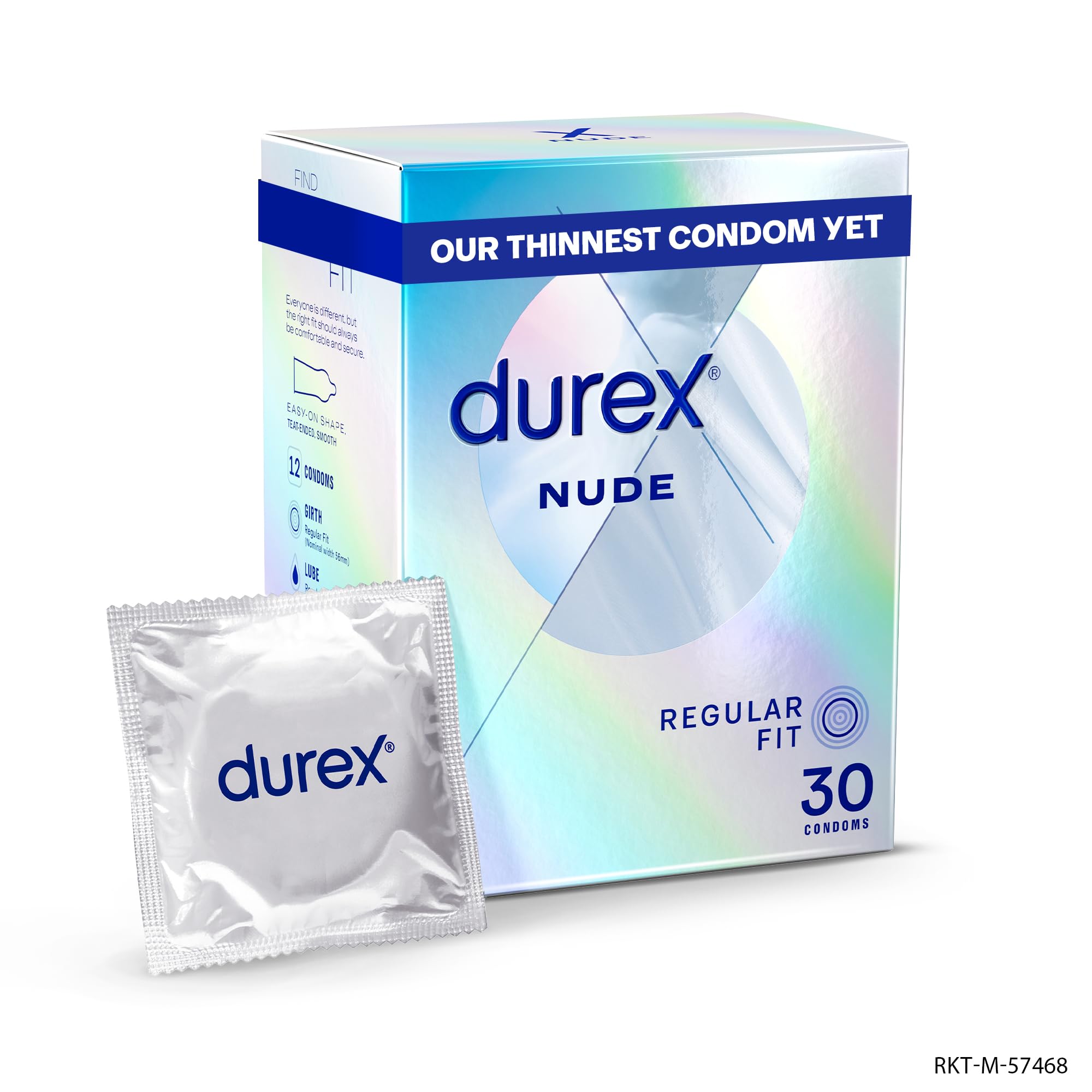 Durex Nude, Ultra Thin, 30 Condoms, Regular Fit, with Silicone Lube, Easy on Shape, Teat Ended, Our Thinnest Latex Condom Yet, Transparent Natural Latex Condoms, Trusted Durex Protection