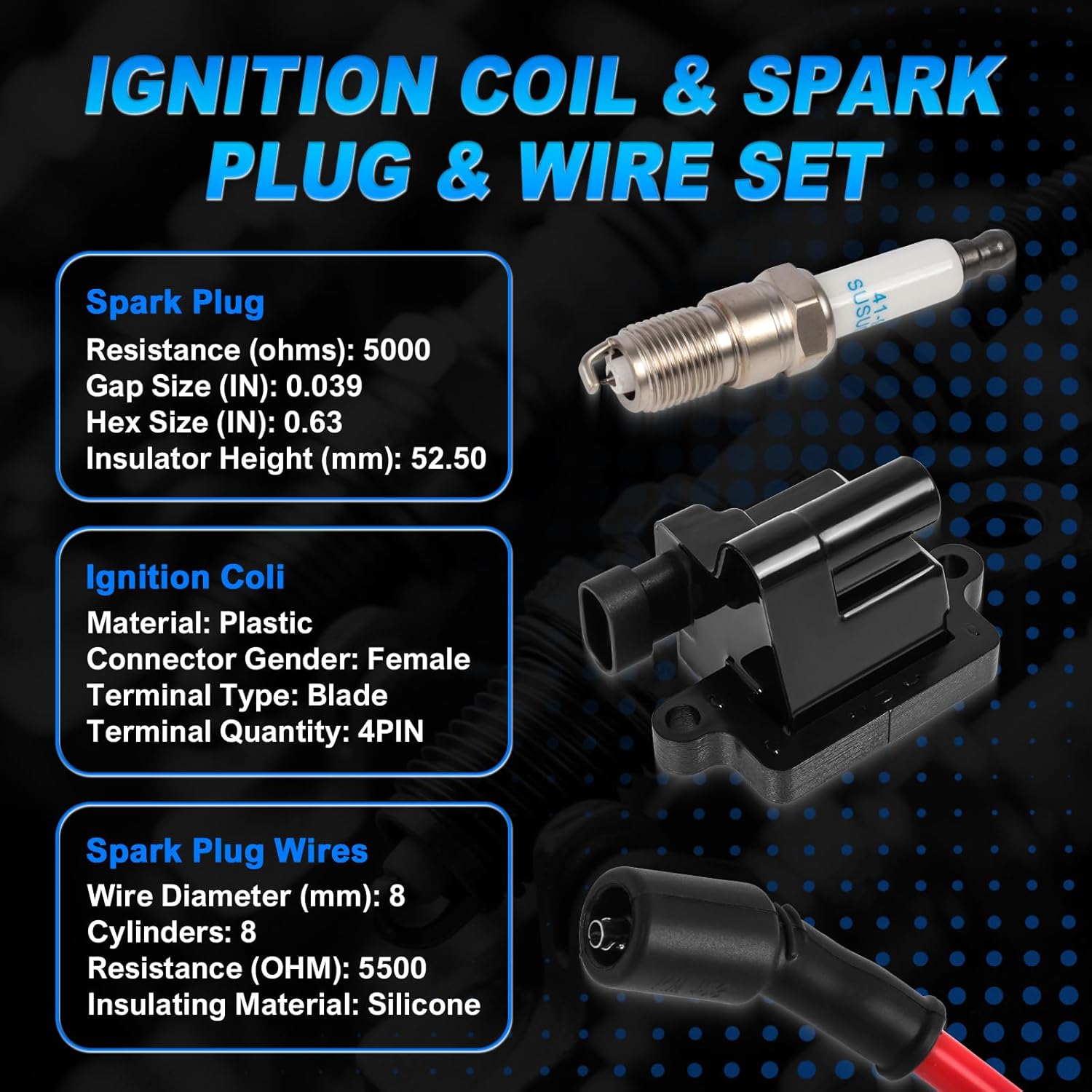 Spark Plugs & Spark Plug Wires with Square Ignition Coil Set of 8, Fit for Chevy Silverado/Tahoe, GMC Sierra/Yukon/Savana, Hummer H2, Cadillac (4.8L 5.3L 6.0L 8.1L) - Replaces D581, UF271, 41-962