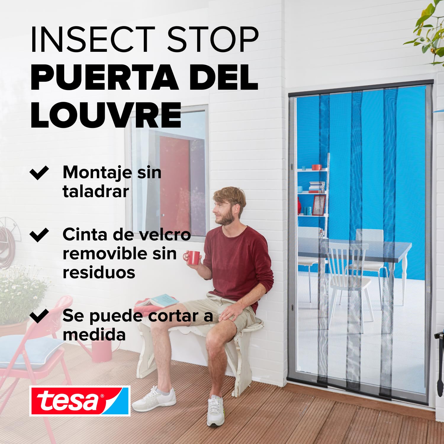 tesa Insect Stop Cortinas STANDARD para Puertas, Mosquitera de 4 Piezas con Cinta Adhesiva de Gancho y Bucle, Sin Necesidad de Taladrar, Blanca, 95 cm x 220 cm
