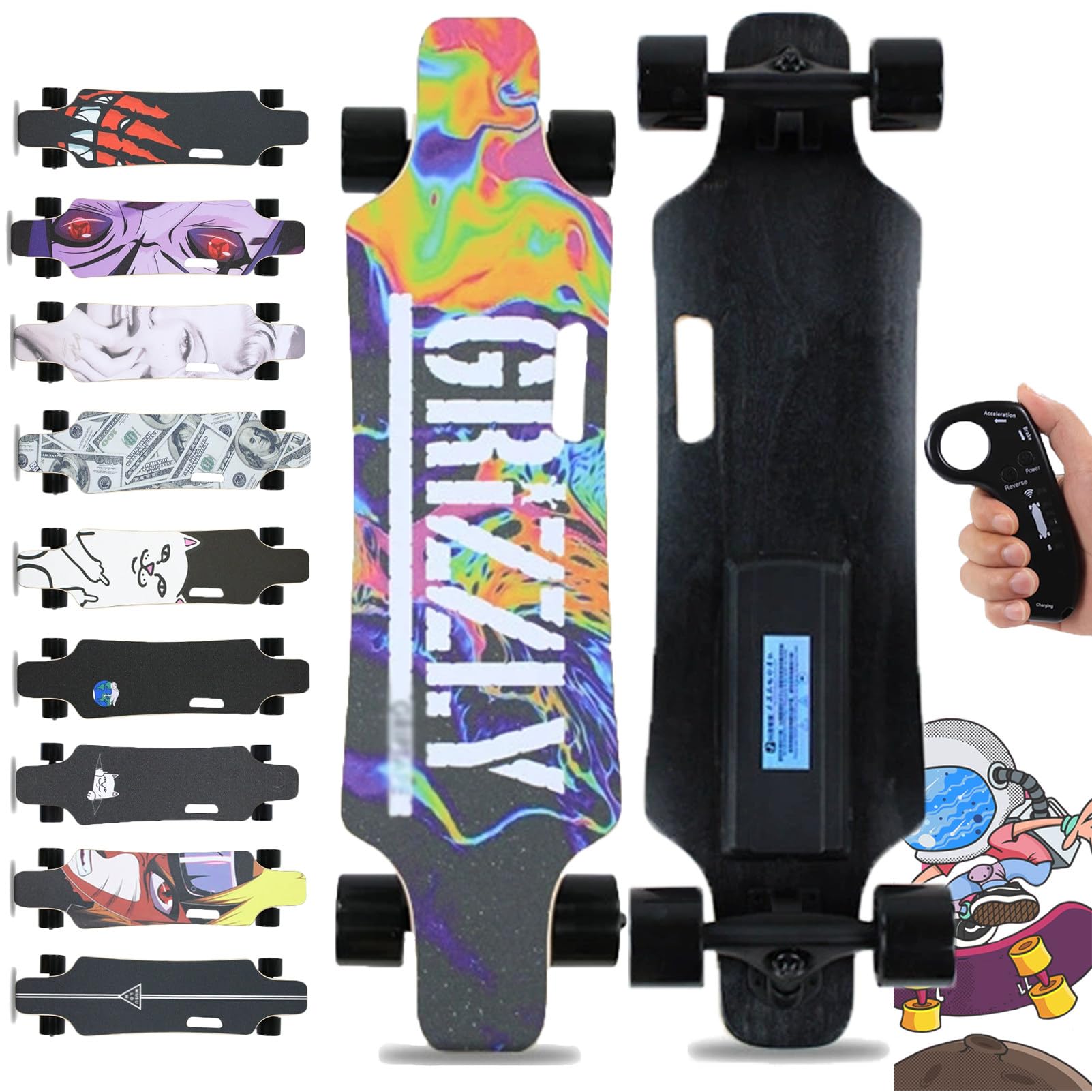 Skateboard électrique avec télécommande, longboard en érable de 83,8 cm, 4 options de vitesse, freinage fluide, poignée de transport facile pour adultes, adolescents et débutants