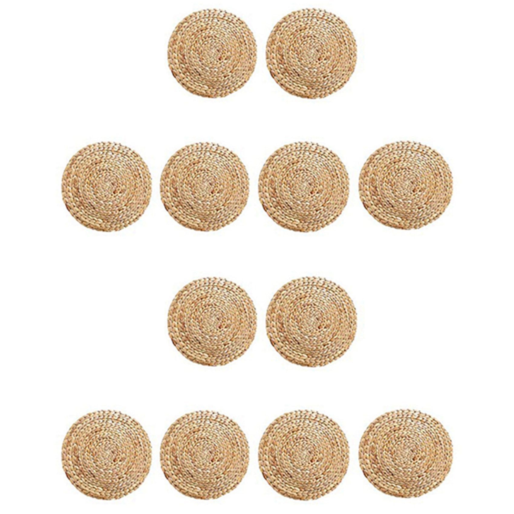 Hndhbfgrt Round Woven Rattan Placemats, Natural Wicker Mats, Water Hyacinth Straw Braided Placemats, Set of 12
