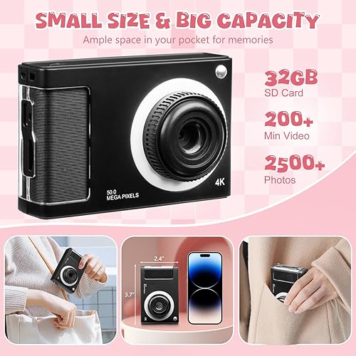Miniatura 6 de Cámara digital, cámara FHD 1080P para niños con tarjeta de 32 GB, cámara digital de 48 MP con zoom 8X para apuntar y disparar, antivibraciones,