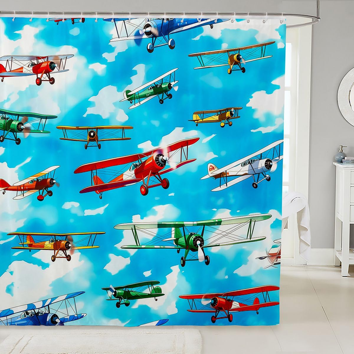 Rideau de douche avion et hélicoptère militaire 180x210cm pour baignoire