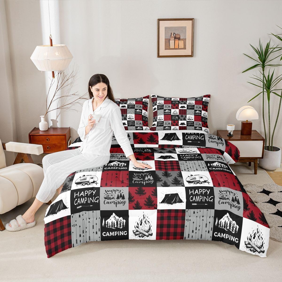 Erosebridal Happy Camping Down Comforter, Boys Rustic Camper Bedding Set Queen Size, Country Tent Bonfire Comforter Set for Kids Teens Adult, Geometric Checkered Farmhouse Bedding Comforters
