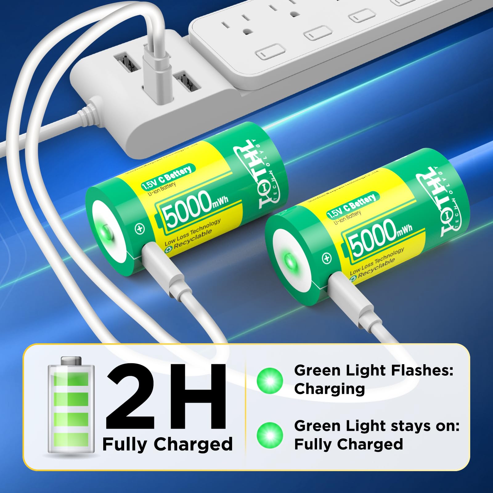 Lot de 6 Piles Rechargeables Baby C USB 2 en 1 au Lithium C, Piles C Li-ION, LR14 1,5 V de Taille C, 5000 mWh, pour Jouets d'inondation