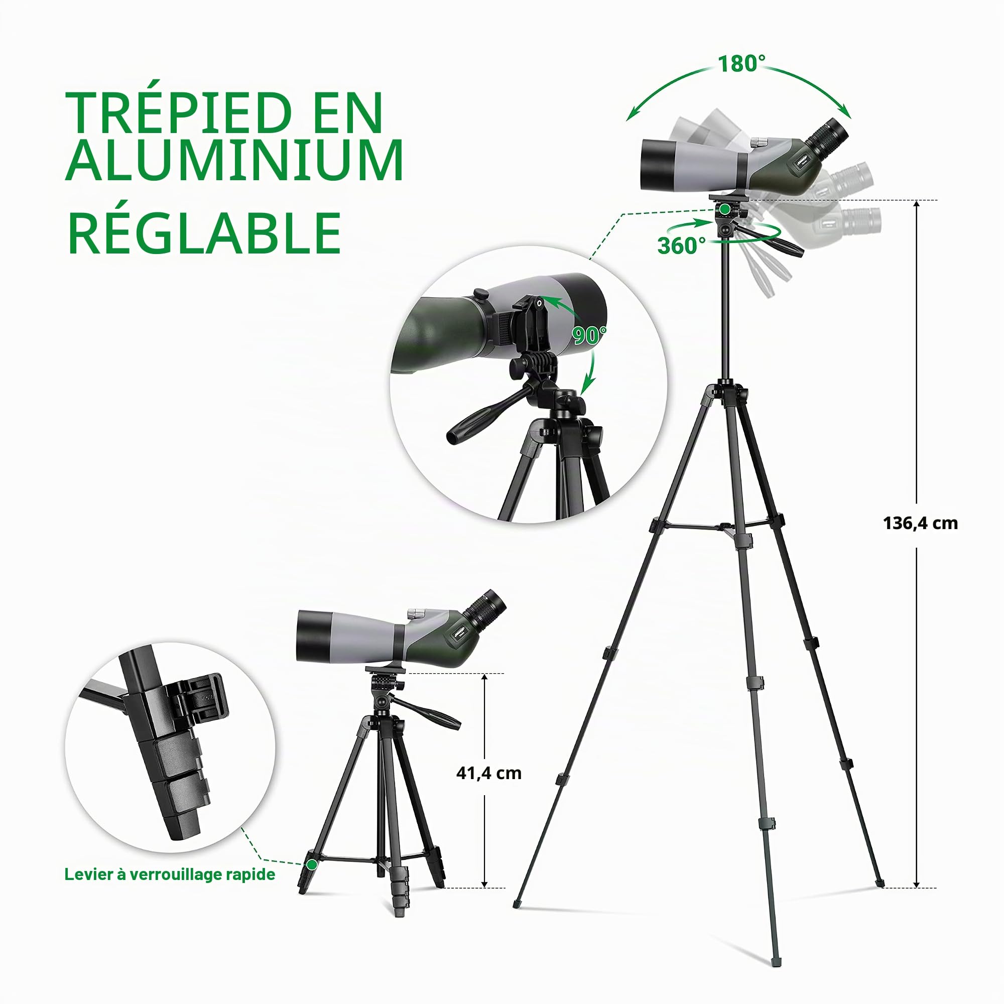 Aomekie Longue-Vue HD 20-60 x 70 Longue Vue Puissante Monoculaire avec Trépied Télescopique Réglable et Adaptateur de Téléphone pour Observation de la Faune, Tir à la Cible et Observer