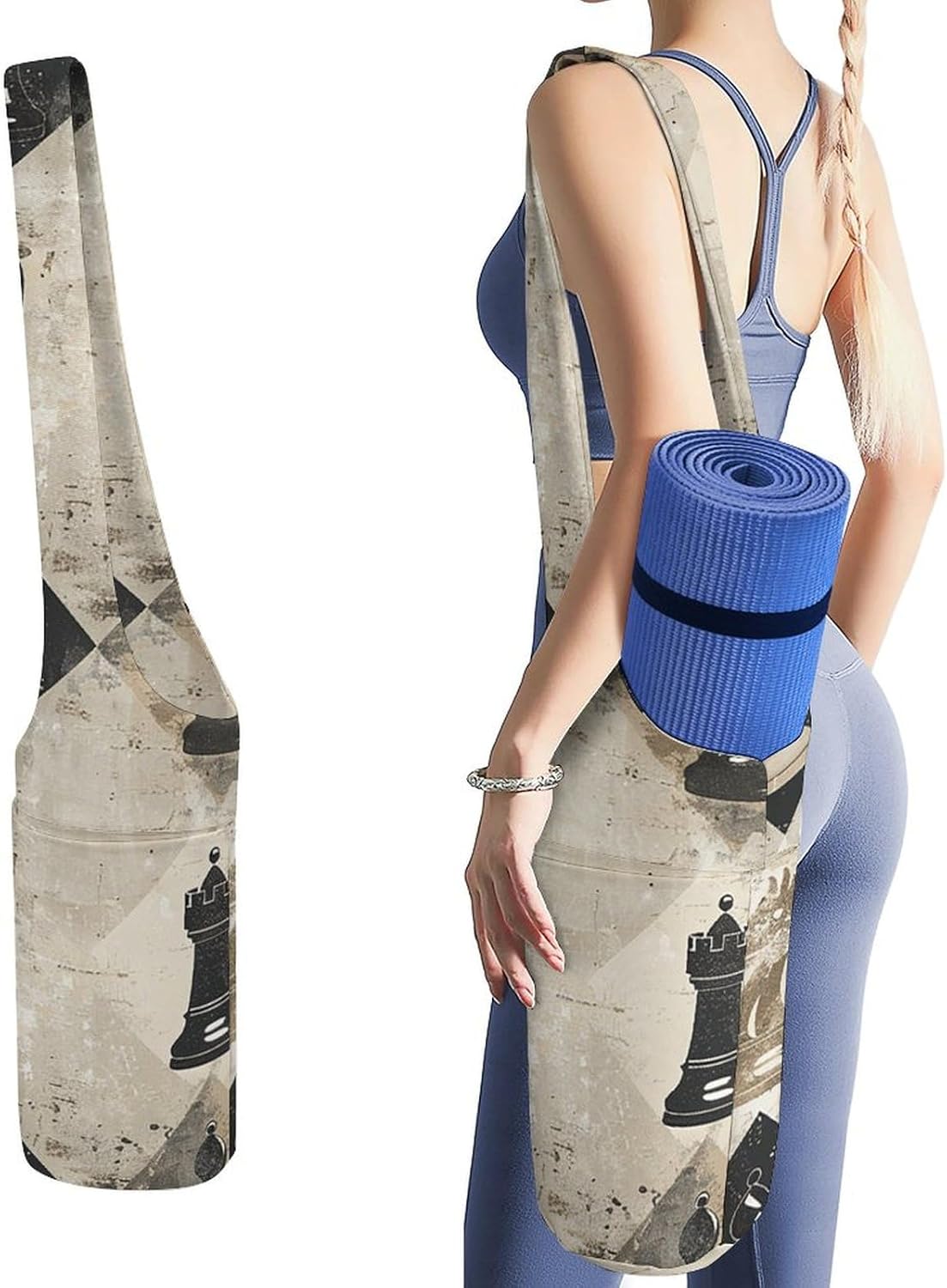 Canvas Yoga Bag,Chess Piece Brown Pattern Printed Yoga Mat Handbag,Portable Yoga Mat Bag Large Capacity Gym Bag for Men Women Pilates Beach Travel