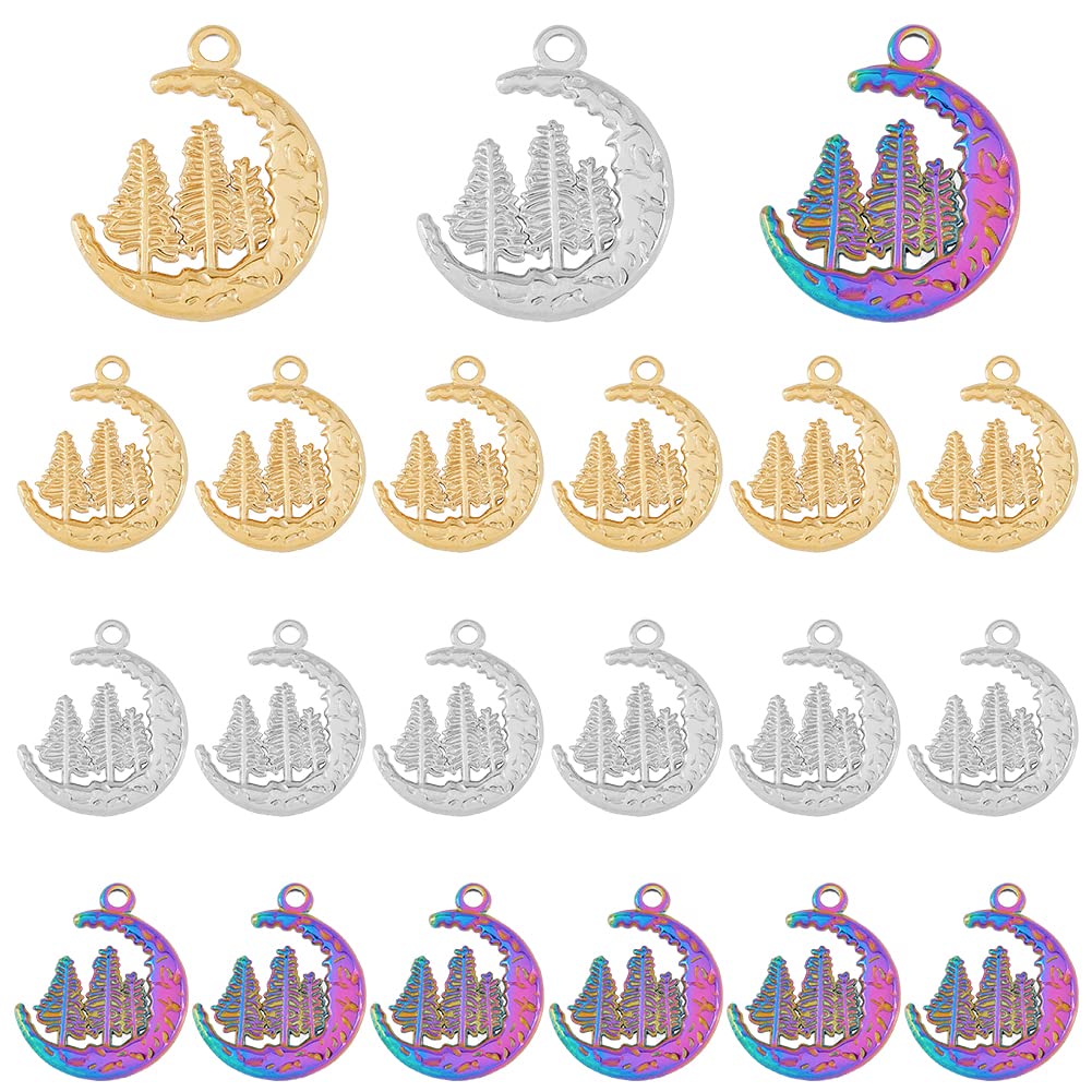 DICOSMETIC 24Pcs 3 Colors Moon Charms Textured Moon with Tree Pendants Golden/Rainbow/Stainless Steel Crescent Moon Charms Curved Metal Pendants for DIY Jewelry Making, Hole: 2mm