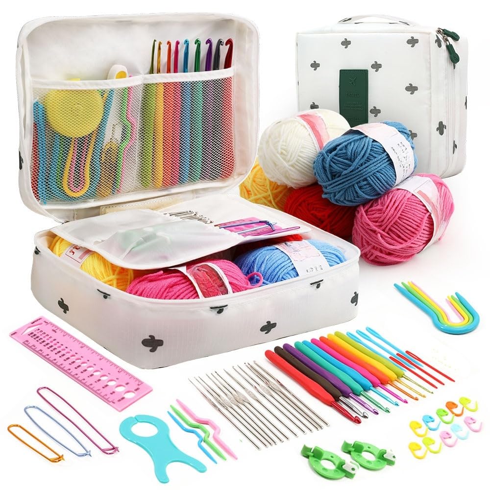 KIZAMI 59 Pezzi/Set Rosa 24 * 18 cm Kit per Principianti all'Uncinetto, Set Completo di uncinetti con Design ergonomico, Kit per Principianti di Filato, Principianti