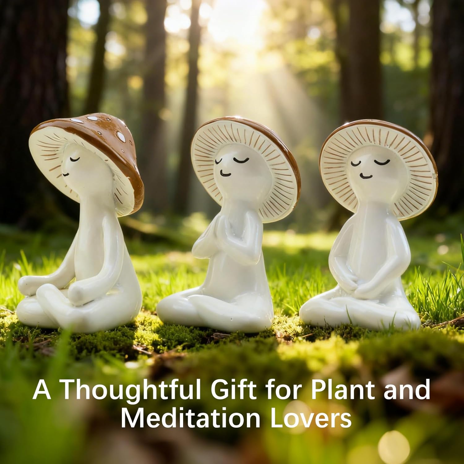Meditation Mushroom Resin Statues – Cute Yoga Mushroom Figurines for Desk, Home, Office & Garden Decor – Zen Resin Sculptures for Living Room, Patio, Tabletop & Backyard (3 Pack, Mushroom)