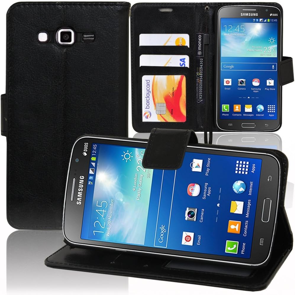 VCOMP Samsung 2 Large Galaxy SM-G7100 SM-G7102 SM-G7105 SM-G7106: Wallet case leather PU Book flap holder video - BLACK