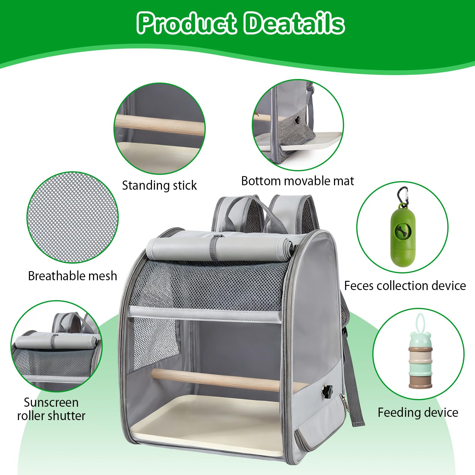 Mochila transportadora para pájaros, contenedor de transporte para pájaros con comedero y recogedor de heces, jaula de viaje para pájaros, jaula portátil para mascotas de malla transpirable para
