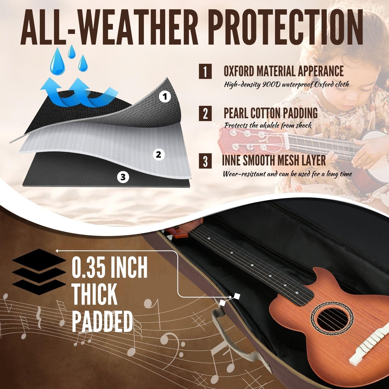 Flexzion Custodia per ukulele, 58 cm, zaino tenore, custodia morbida, impermeabile, con maniglia per il trasporto, tasca e tracolla regolabile, marrone