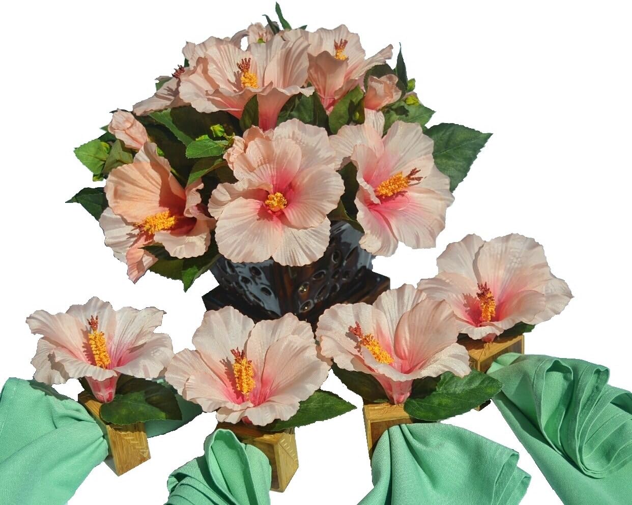 Hospitality Florals Tropical Pink Hibiscus Centerpiece Ensemble with 4 Matching Mango Wood Napkin Rings
