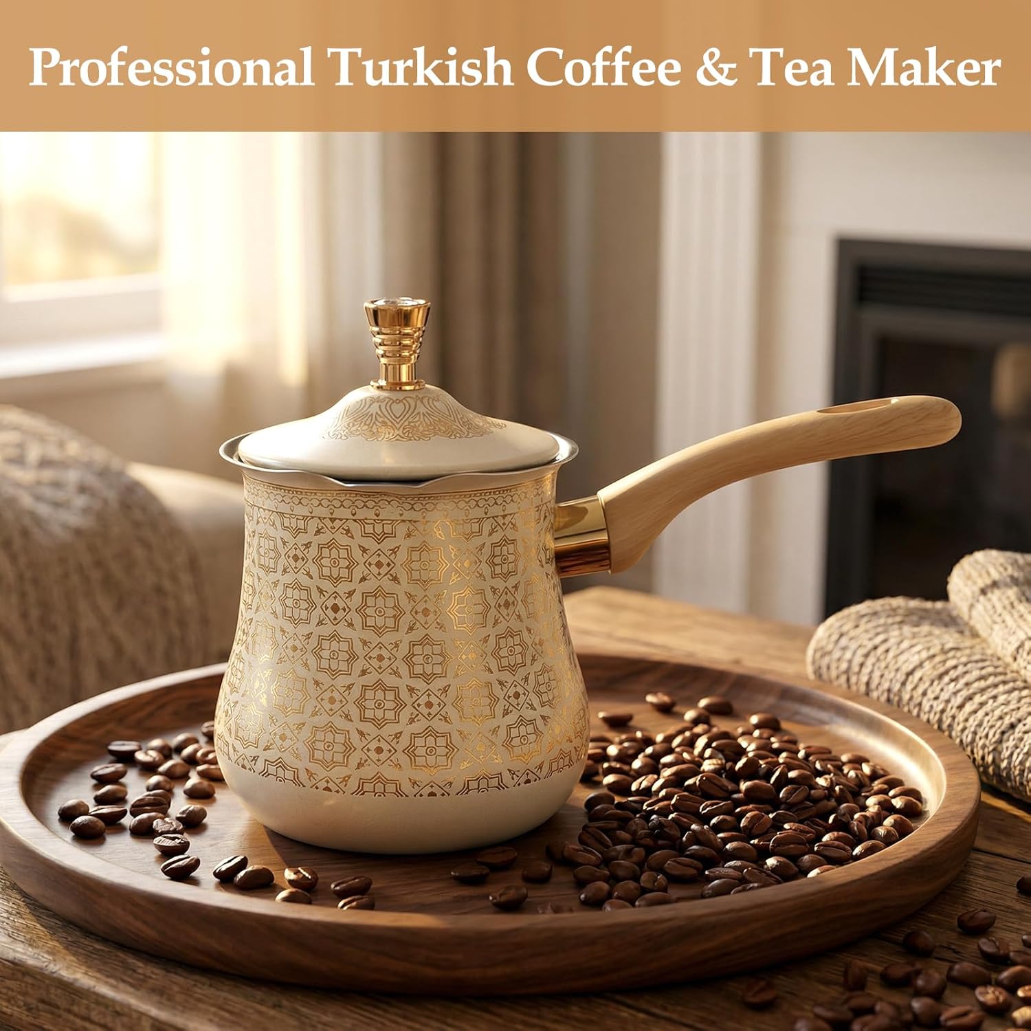 Stainless Steel Turkish Coffee Pot Milk Warmer Multifunctional Long Wooden Handle Butter Melting Pot Kitchen Accessory, Golden Pattern, 550ml