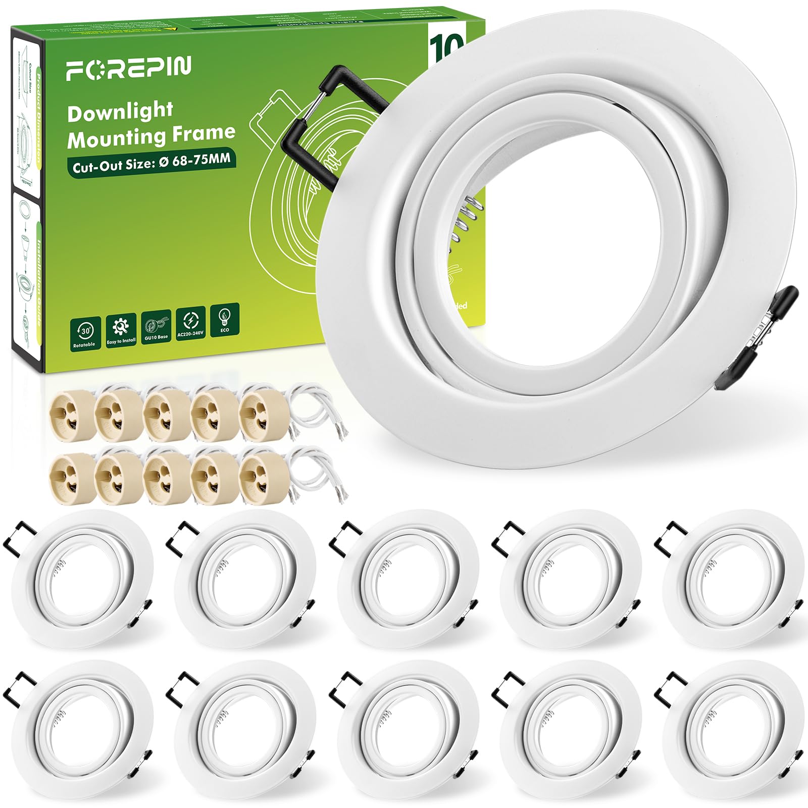 Forepin 10er Set Einbaustrahler LED Rahmen Ø68mm, GU10 Einbauspot Deckenspots Inkl. GU10 Fassung, 30° Schwenkbar Einbaurahmen LED Spots 230V für Einbaubeleuchtung