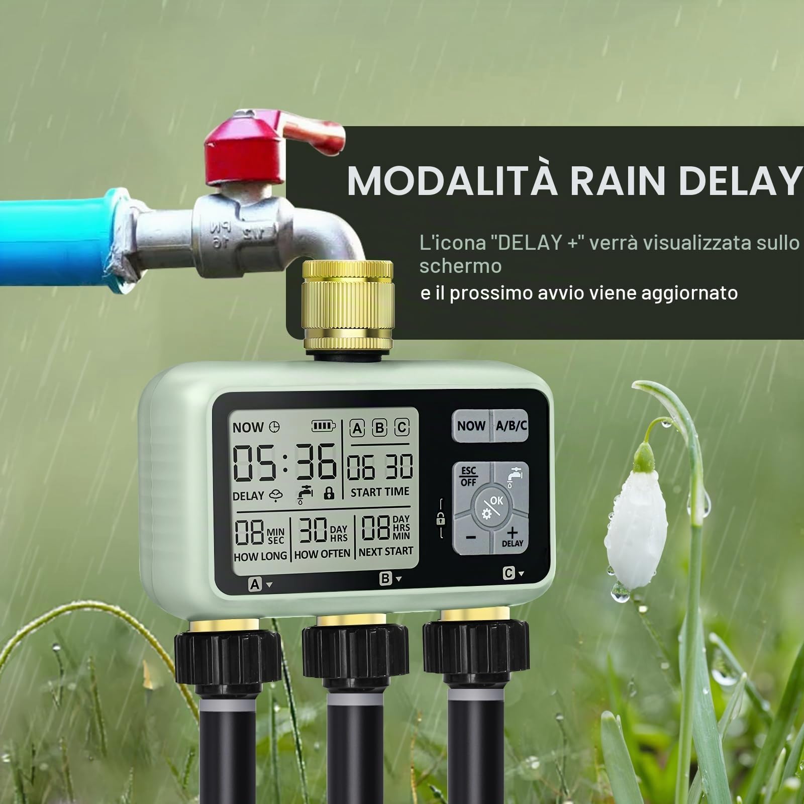 Johgee Centralina di irrigazione a 3 uscite, con ingresso e uscita in ottone, orologio digitale per irrigazione con display LCD, controllo automatico/manuale, timer, per giardino