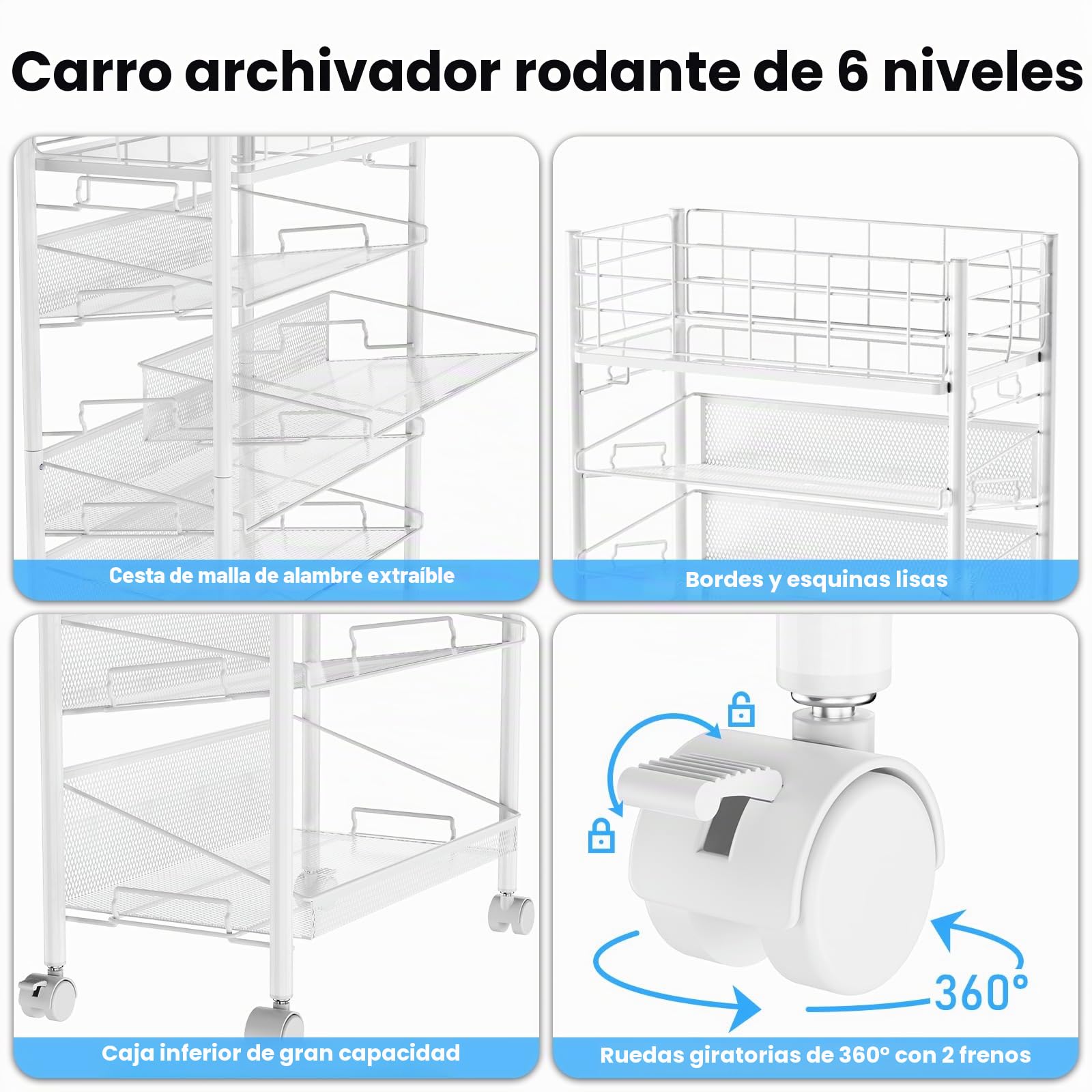 Carrito móvil de archivos con ruedas, carro de archivos de metal de 6 niveles para junto al escritorio, carrito de libros móvil con ruedas para oficina, hogar, escuela, biblioteca, sala de profesores