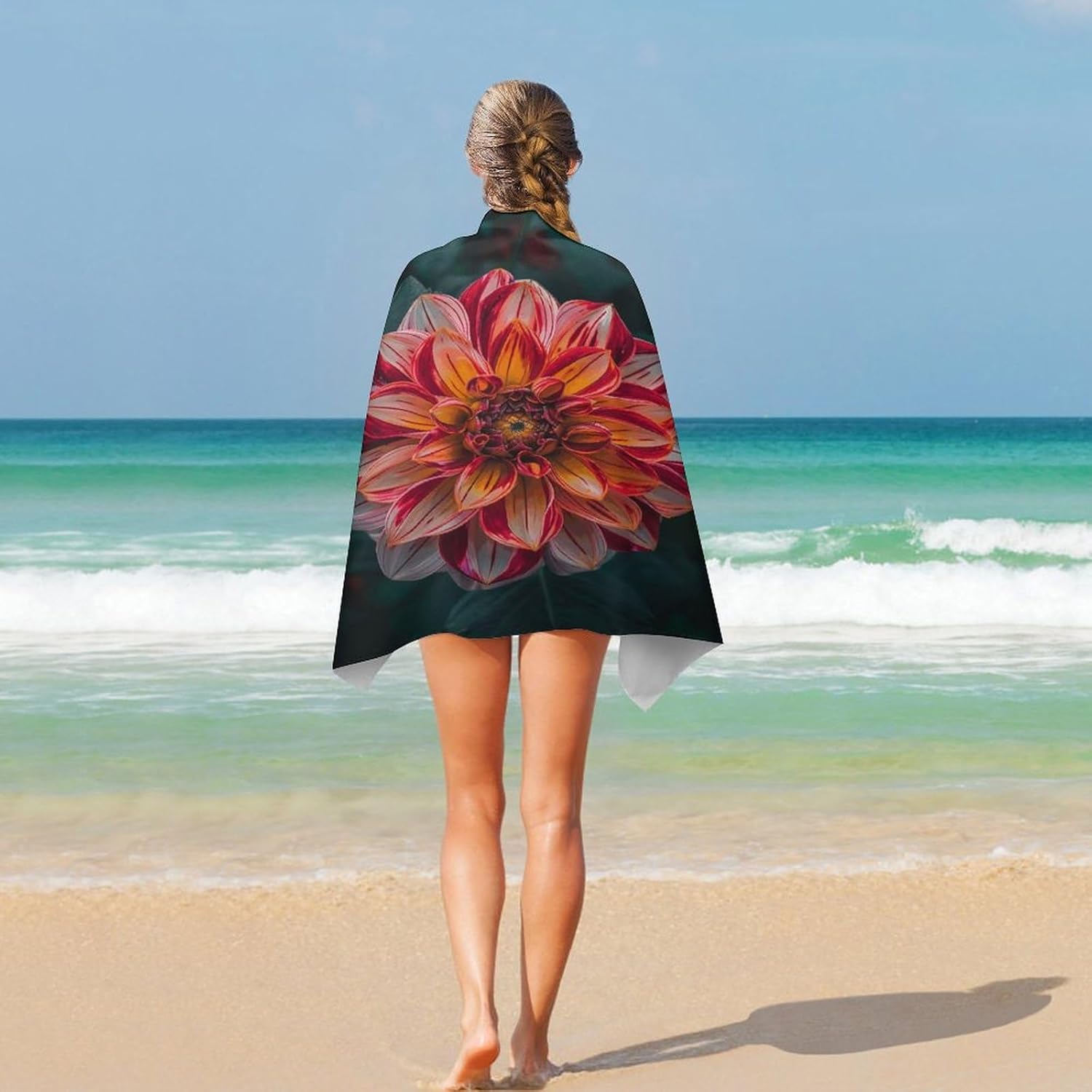 Swimming Towel, Yellow Striped Dahlia Printed Fashion Towel,Portable Towel,Durable Towel