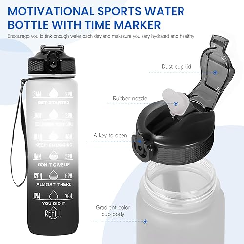 Miniatura 2 de 32 oz Water Bottles with Times to Drink and Straw, Motivational Water Bottle with Time Marker, Leakproof & BPA Free, Drinking Sports Water Bottle
