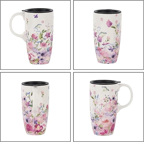 Miniatura 8 de Topadorn Taza de café de cerámica taza de viaje de porcelana con tapa a prueba de derrames y caja de color taza de 17 onzas blanco y rosa