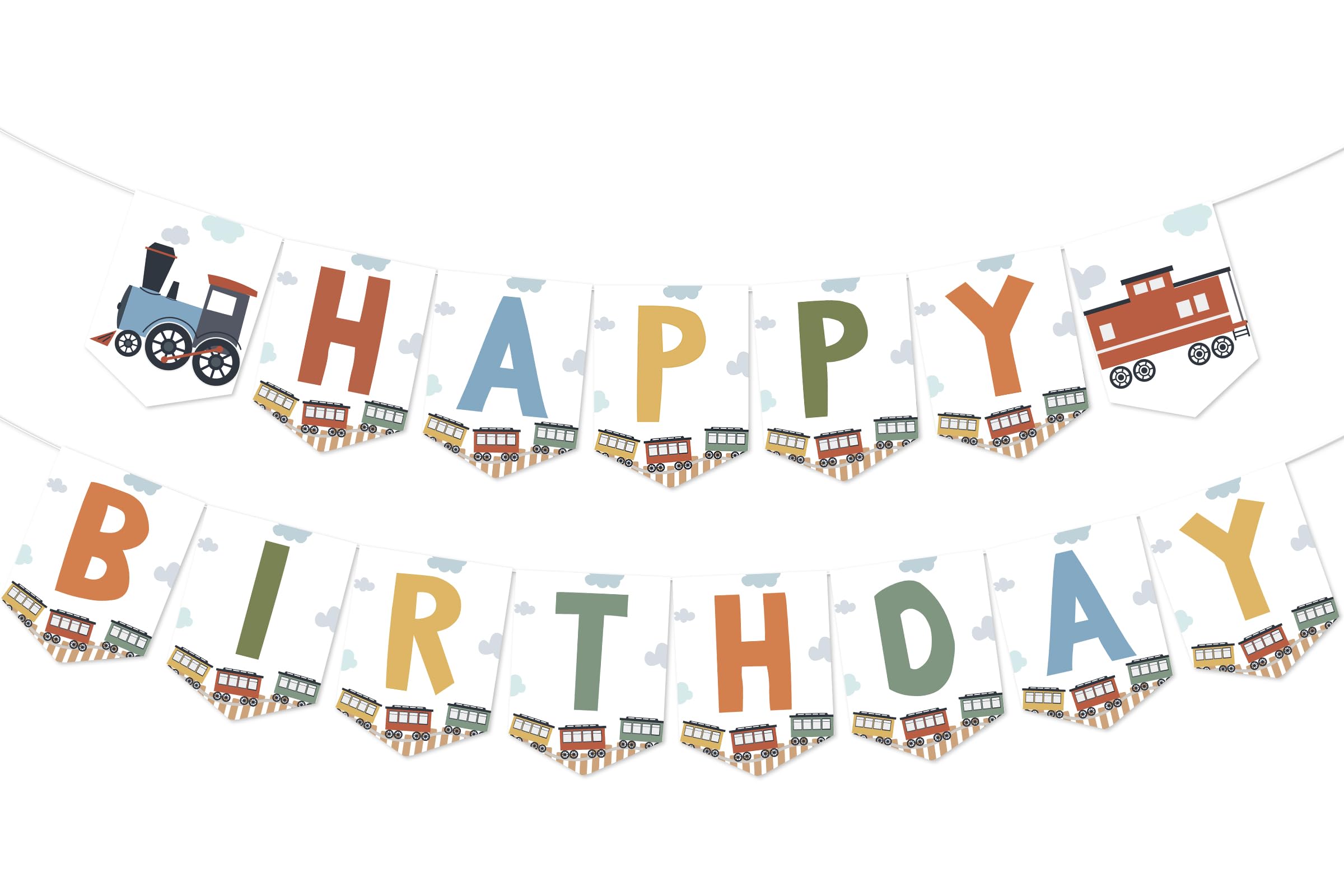 Sursurprise Retro Train Happy Birthday Banner, Railroad Steam Modern Train Birthday Decorations Party Supplies