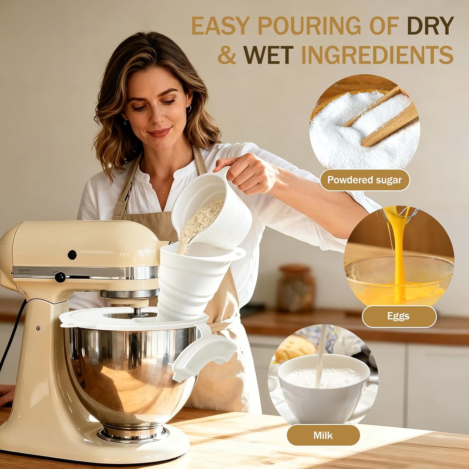 6-Pack Mess Free Flour Funnel Set—Silicone Collapsible Pouring Shield Attachment for KitchenAid Stand Mixer (4.5-5 Qt)—Fits Stainless, Glass&Ceramic Bowls—Incl. Flour Scoop, Scraper, Brush(White)