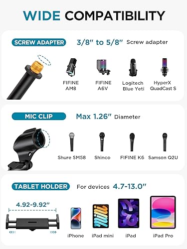 Miniatura 6 de InnoGear Soporte de micrófono, 6 en 1, soporte de micrófono de piso con soporte para teléfono y tableta, altura ajustable de 30 a 72 pulgadas,