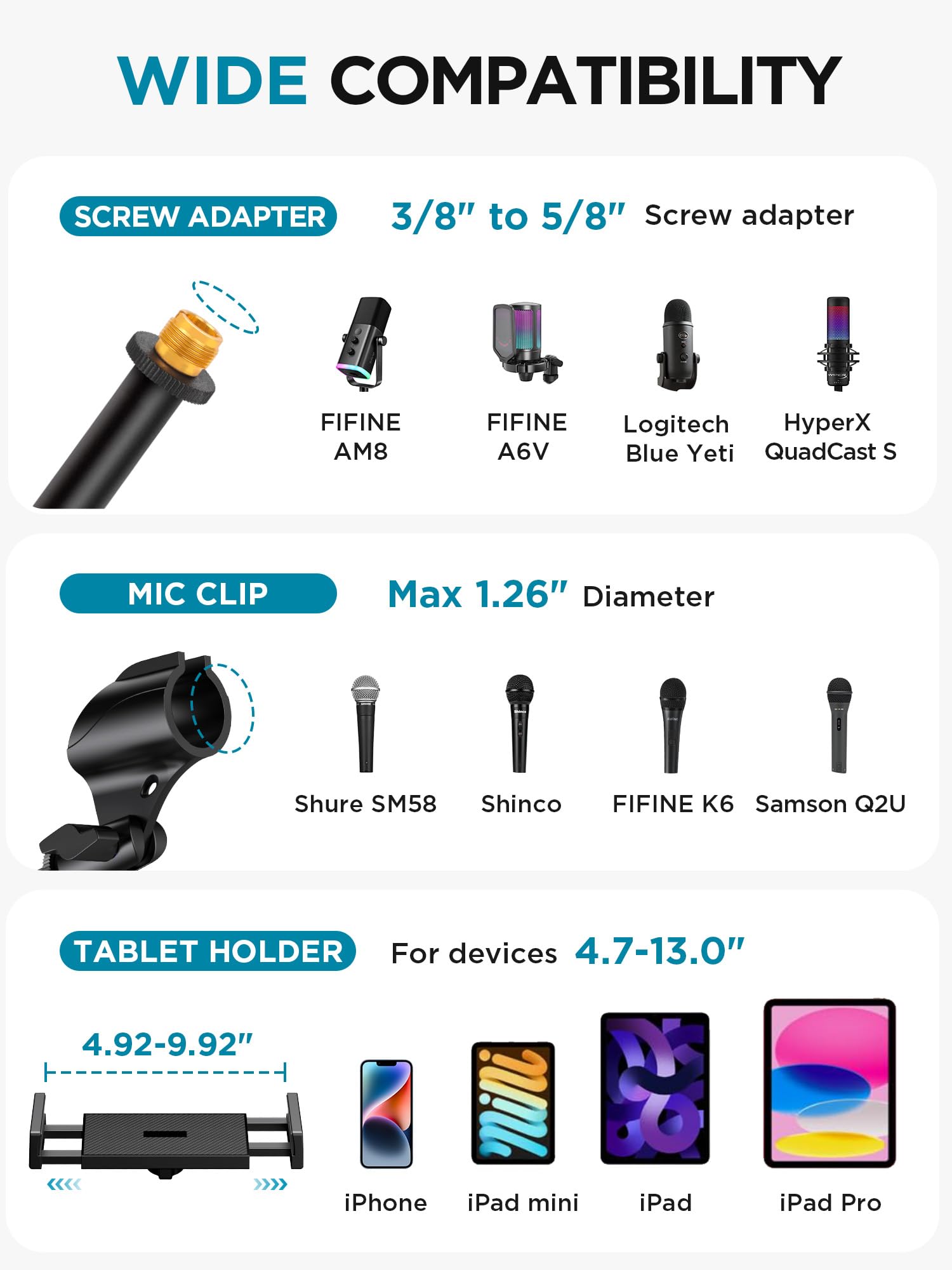 InnoGear Mikrofonständer, 6-in-1-Mikrofonständer, Boden mit Tablet-Handyhalterung, höhenverstellbar von 76,2 cm bis 182,9 cm, Mikrofonständer, Stativ-Galgenarm mit Schwanenhals, Tragetasche zum Singen