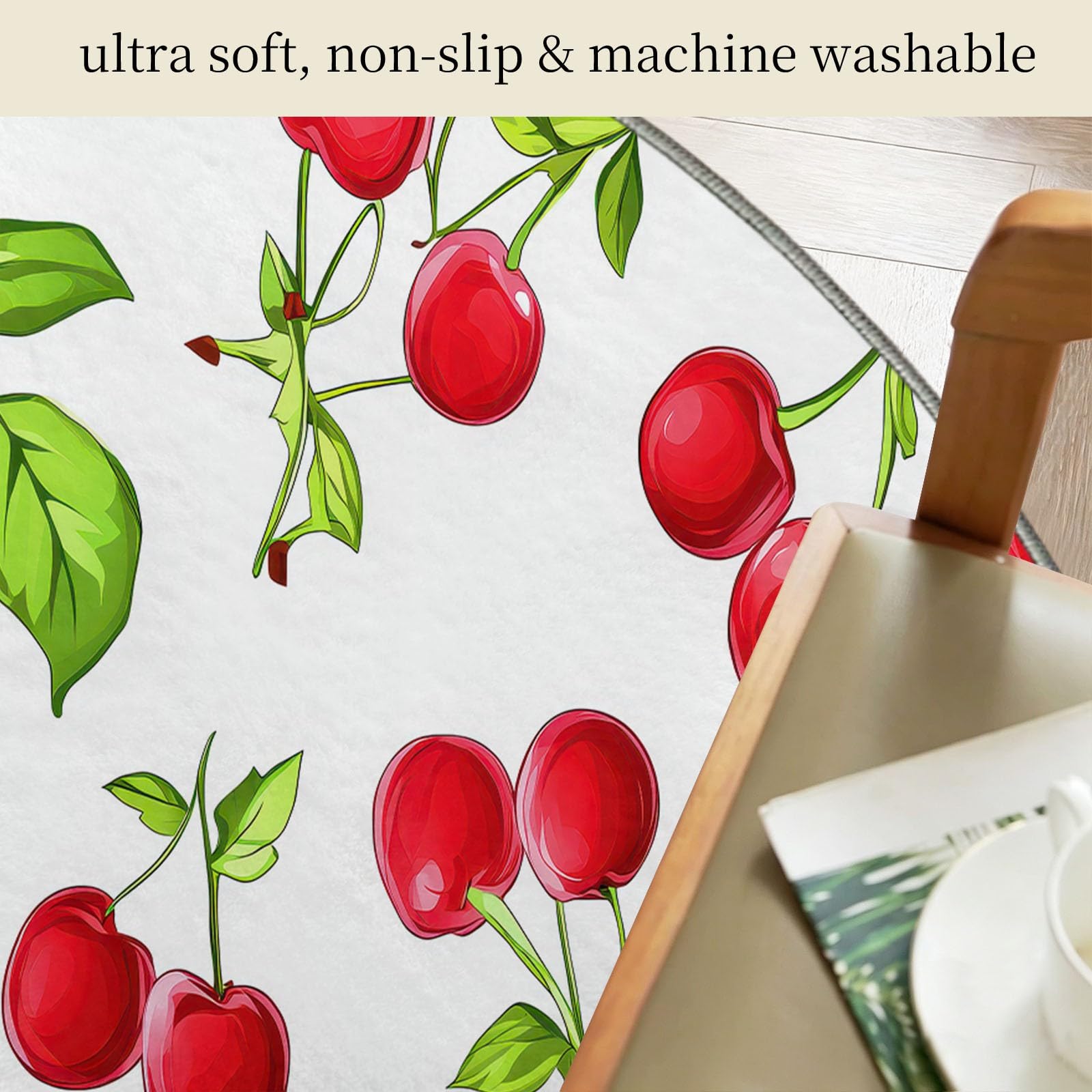 Tappeto rotondo per soggiorno, 60 cm, lavabile, motivo con ciliegie, antiscivolo, antiscivolo, a pelo basso, per camera dei bambini, cucina, ufficio, sala da pranzo (bianco)