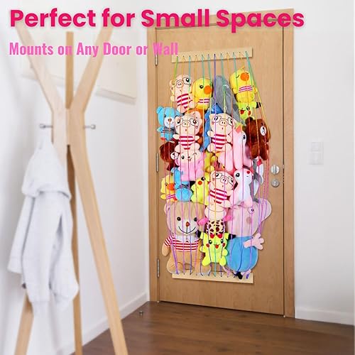 Miniatura 6 de Organizador de juguetes de madera suave para almacenamiento de animales de peluche, bonito y duradero para pared o puerta, longitud ajustable,