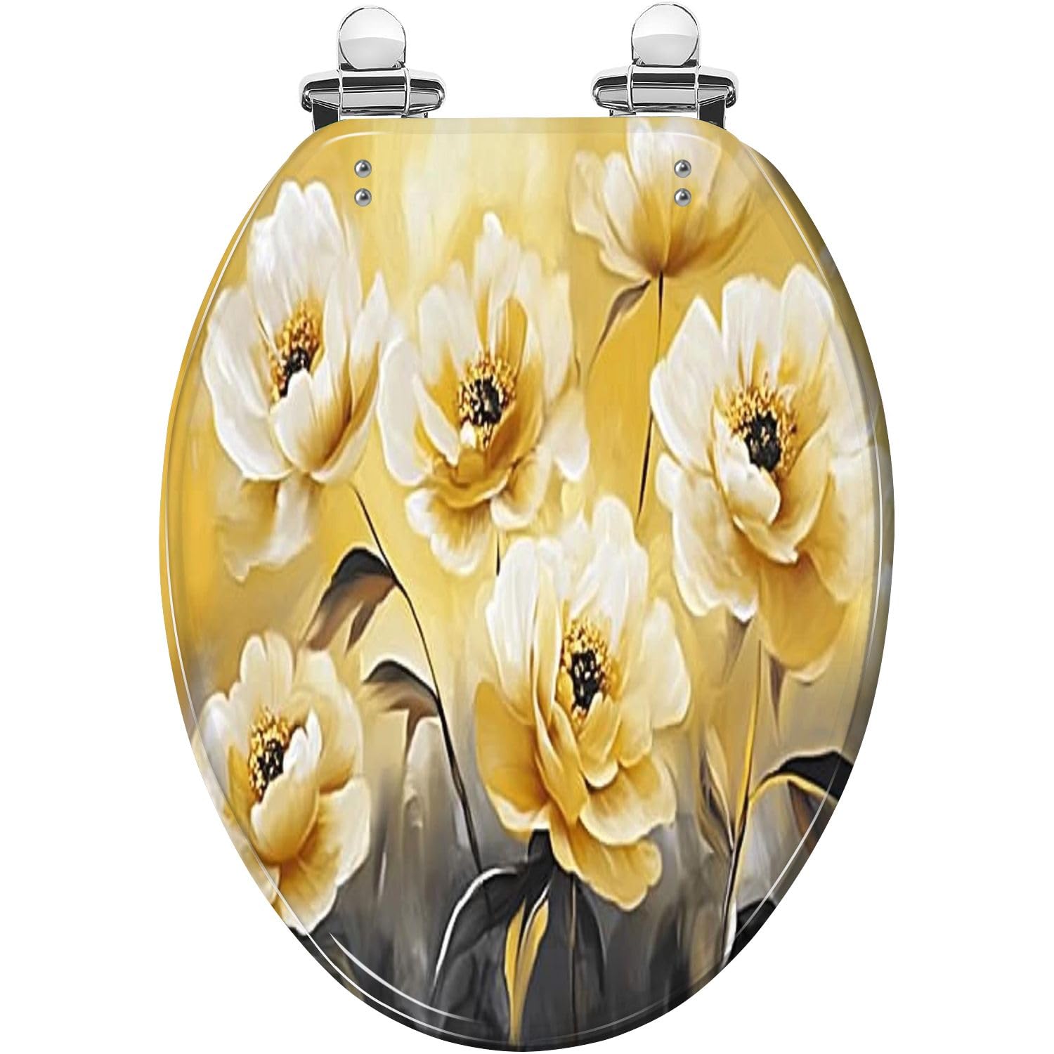 Elongated Toilet Seat Oil flower rose gold leaves Botanic print canvas triptych Resin Toilet Seat Slow Quiet Close with Quick-Release Hinges Toilet Seat with Cover Easy to Clean Install