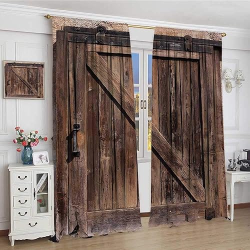 youpinnong Rustic Room Darkening Wide Curtains Aged Wooden Sliding Barn Door with Vintage Texture Architectural Farm House Print Decor Curtains by 72"x84" Brown Beige
