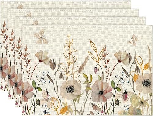 Artoid Mode Wildflowers - Juego de 4 manteles individuales florales de otoño, 12 x 18 pulgadas, manteles individuales vintage de Acción de Gracias